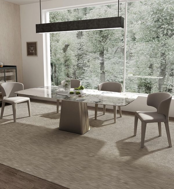 Mesa de comedor larga con encimera de pizarra minimalista