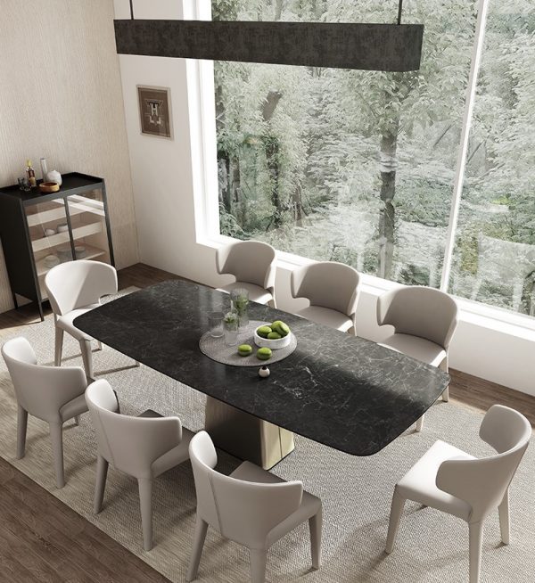 Mesa de comedor larga con encimera de pizarra minimalista